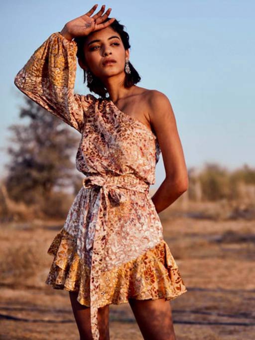 HEMANT NANDITA Kalon One Shoulder Dress floral Burnt Velvet Gold India statement
